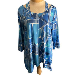 Peck & Peck Shirt Womens Large Blue Abstract Print 3/4 Sleeve Tunic Made USA